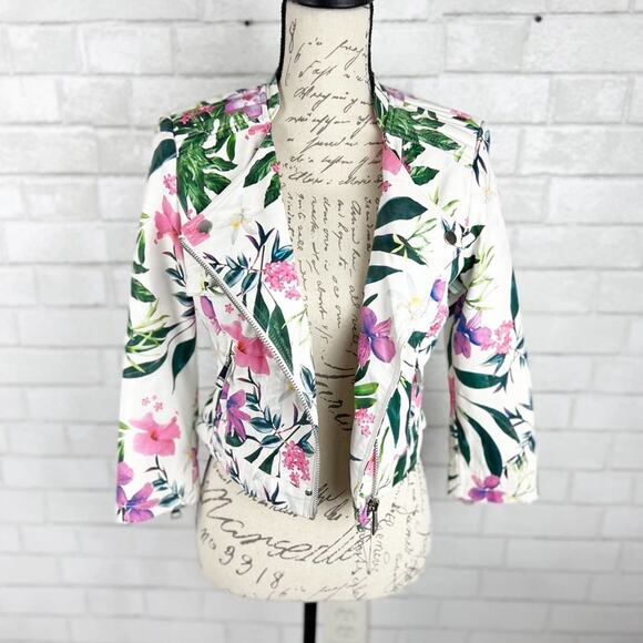 Guess Floral Print Moto Leather Zip Up Jacket Size Small - Picture 6 of 15